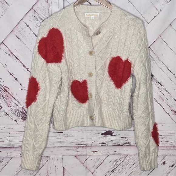 Sugar Moon Sweaters - Sugar Moon 3D Hearts Cream Knit Cardigan